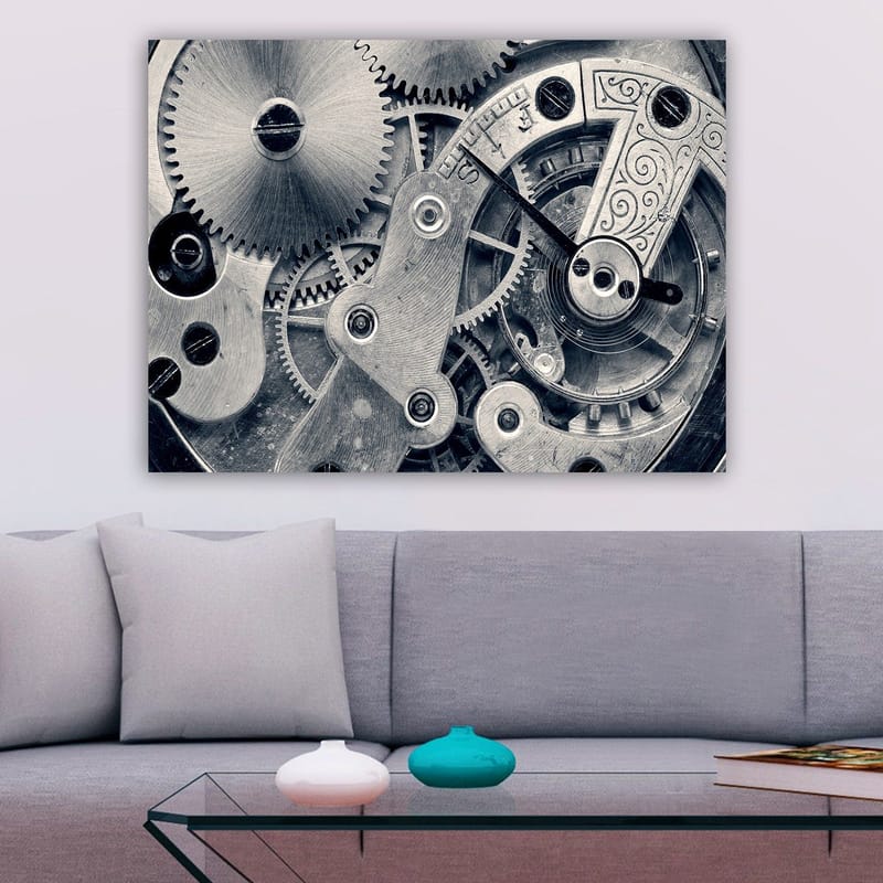 Canvastavla 70x100 cm - Detaljerad närbild av klockverkets kugghjul och mekanik - Silver / Grå - Inredning & dekor - Tavlor & konst - Canvastavla