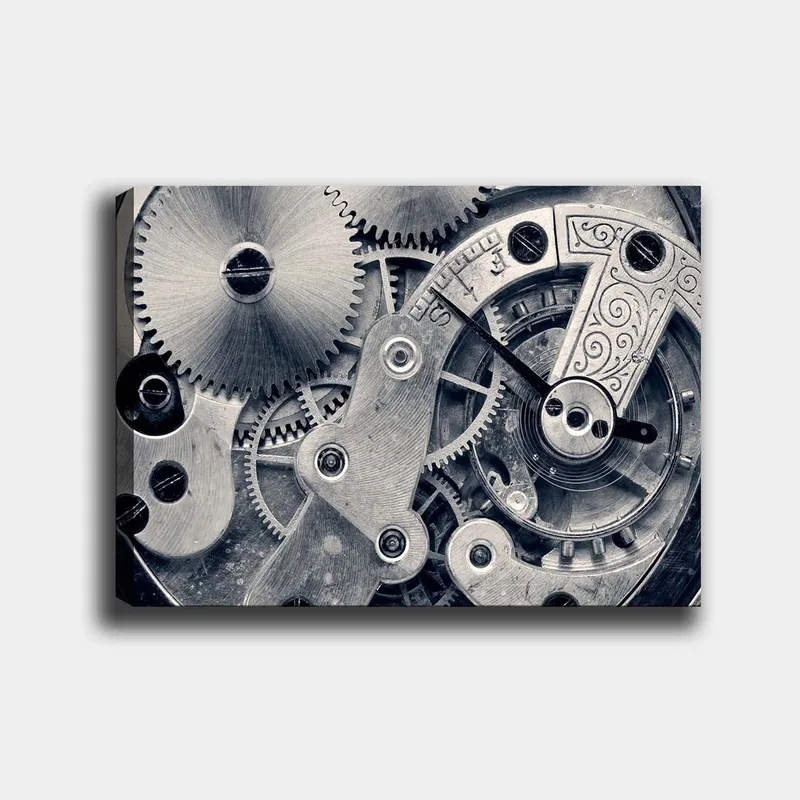 Canvastavla 70x100 cm - Detaljerad närbild av klockverkets kugghjul och mekanik, Silver / Grå