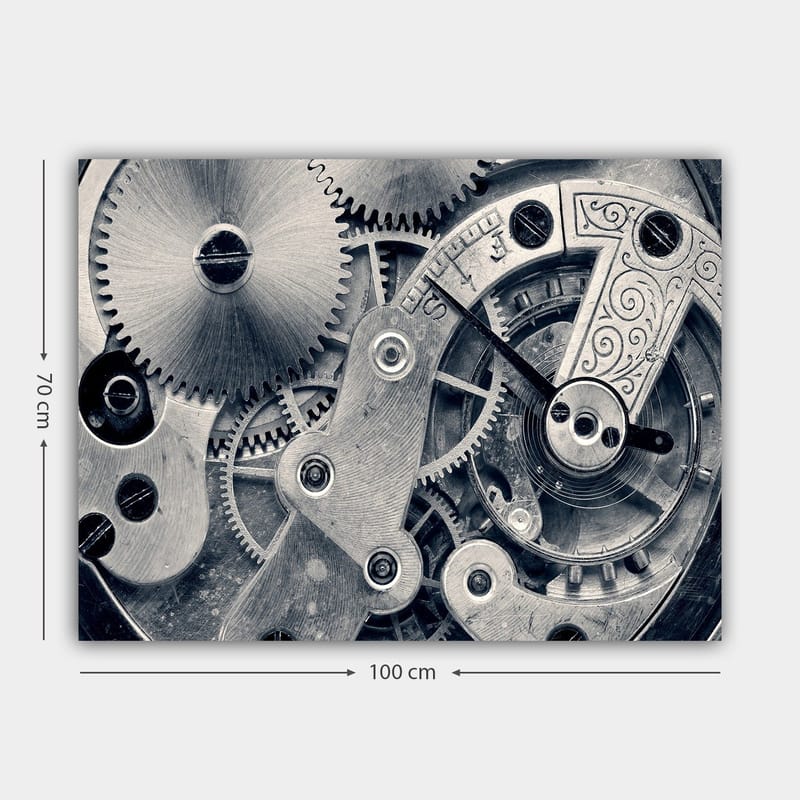 Canvastavla 70x100 cm - Detaljerad närbild av klockverkets kugghjul och mekanik - Silver / Grå - Inredning & dekor - Tavlor & konst - Canvastavla