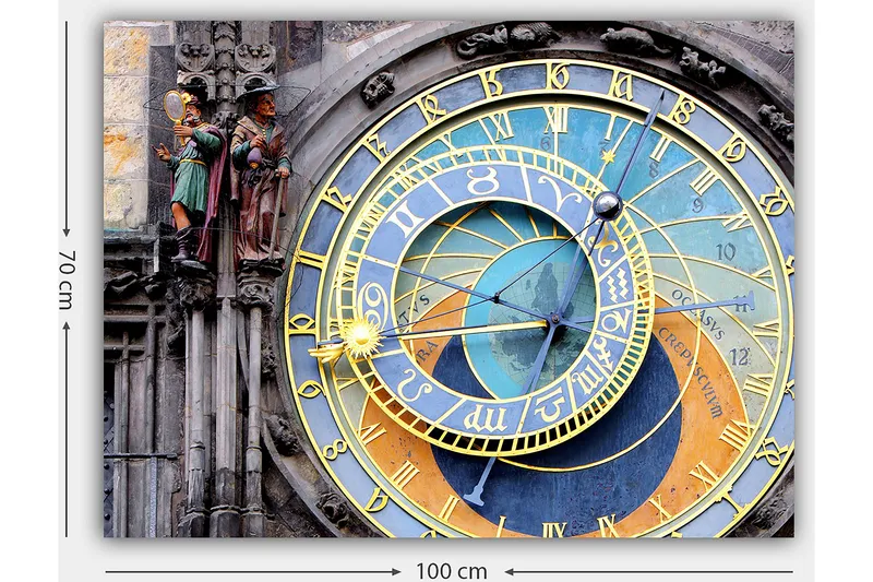 Canvastavla 70x100 cm - Detaljerad och färgglad astronomisk klocka med gyllene och blå detaljer - Guld / Blå / Orange - Inredning & dekor - Tavlor & konst - Canvastavla