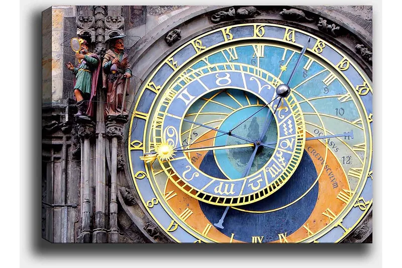 Canvastavla 70x100 cm - Detaljerad och färgglad astronomisk klocka med gyllene och blå detaljer - Guld / Blå / Orange - Inredning & dekor - Tavlor & konst - Canvastavla