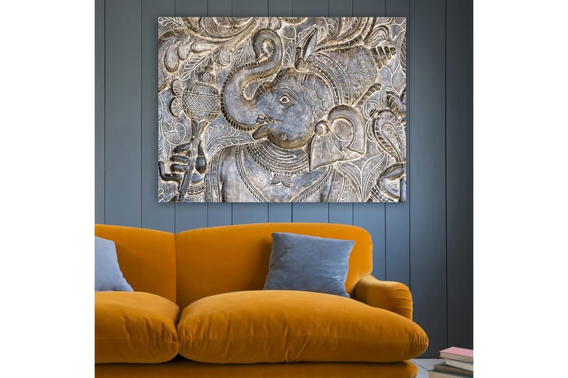 Canvastavla 70x100 cm - Detaljerad relief av elefanten Ganesha som håller en skål, omgiven av intrikata mönster - Silver / Grå - Inredning & dekor - Tavlor & konst - Canvastavla