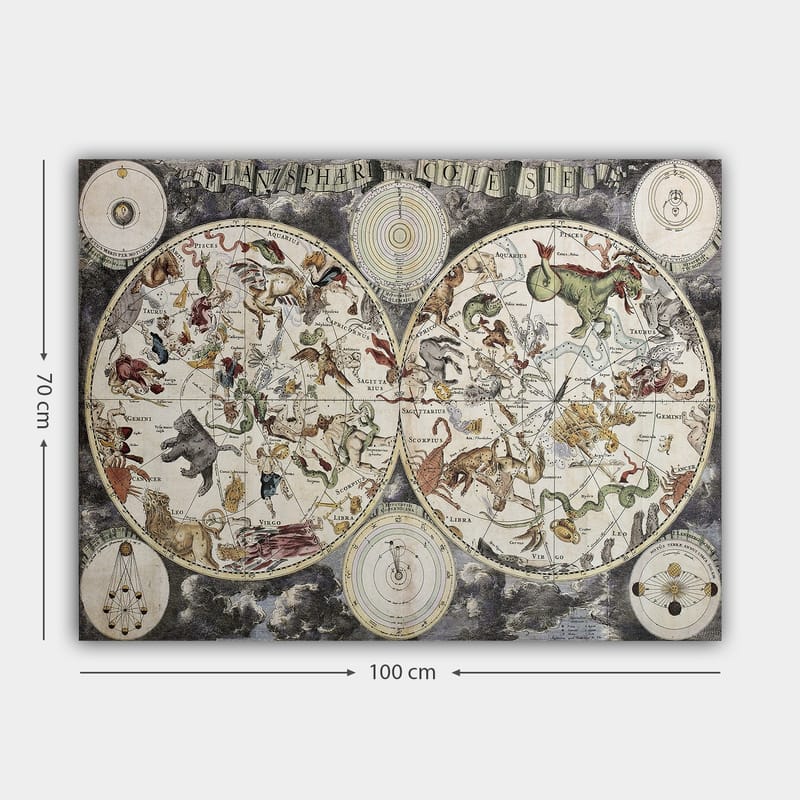 Canvastavla 70x100 cm - Detaljerad stjärnkarta med olika mytologiska djur och figurer som representerar stjärnbilder - Grön / Röd / Beige - Inredning & dekor - Tavlor & konst - Canvastavla