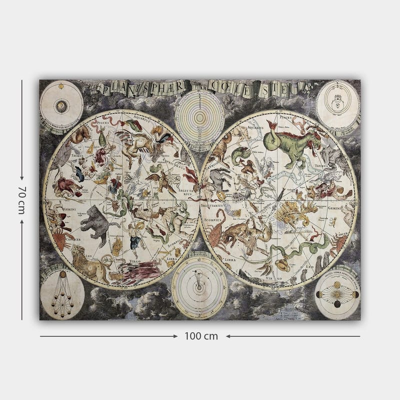 Canvastavla 70x100 cm - Detaljerad stjärnkarta med olika mytologiska djur och figurer som representerar stjärnbilder - Grön / Röd / Beige - Inredning & dekor - Tavlor & konst - Canvastavla
