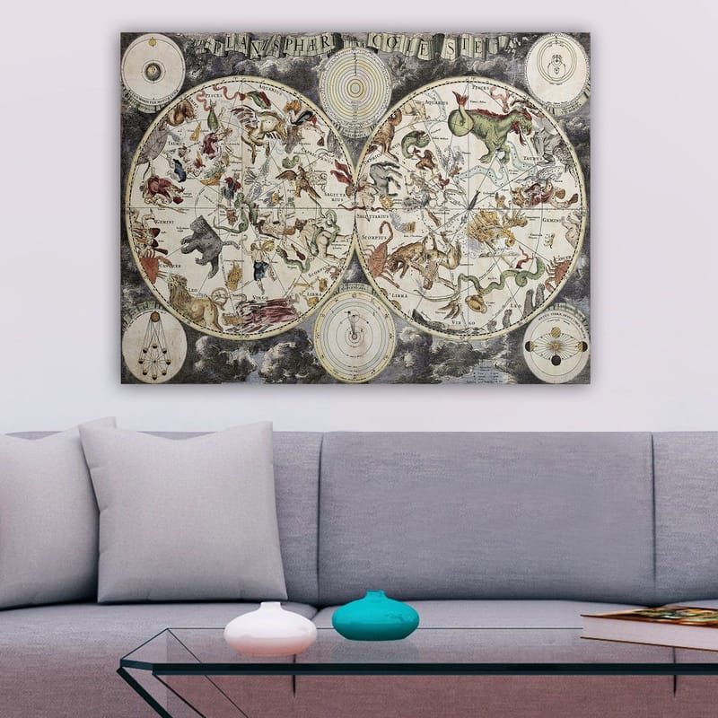 Canvastavla 70x100 cm - Detaljerad stjärnkarta med olika mytologiska djur och figurer som representerar stjärnbilder - Grön / Röd / Beige - Inredning & dekor - Tavlor & konst - Canvastavla