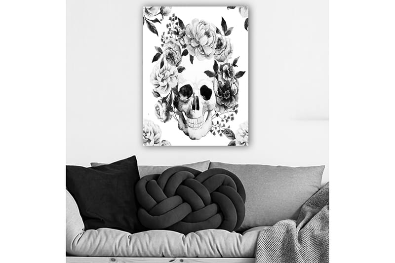 Canvastavla 70x100 cm - Dödskalle omgiven av vackra blommor i svart och vitt - Svart / Vitt / Grått - Inredning & dekor - Tavlor & konst - Canvastavla