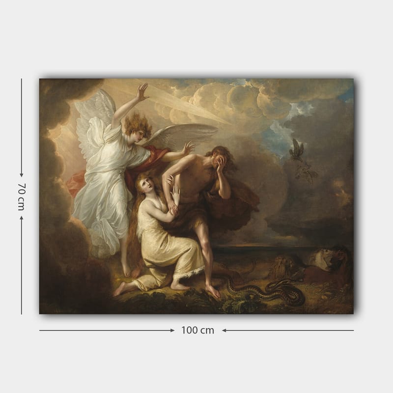 Canvastavla 70x100 cm - Dramatisk scen med en ängel som skyddar en man och en kvinna från en hotfull situation - Vit / Beige / Röd - Inredning & dekor - Tavlor & konst - Canvastavla