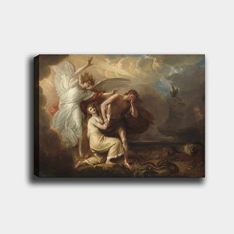 Canvastavla 70x100 cm - Dramatisk scen med en ängel som skyddar en man och en kvinna från en hotfull situation, Vit / Beige / Röd