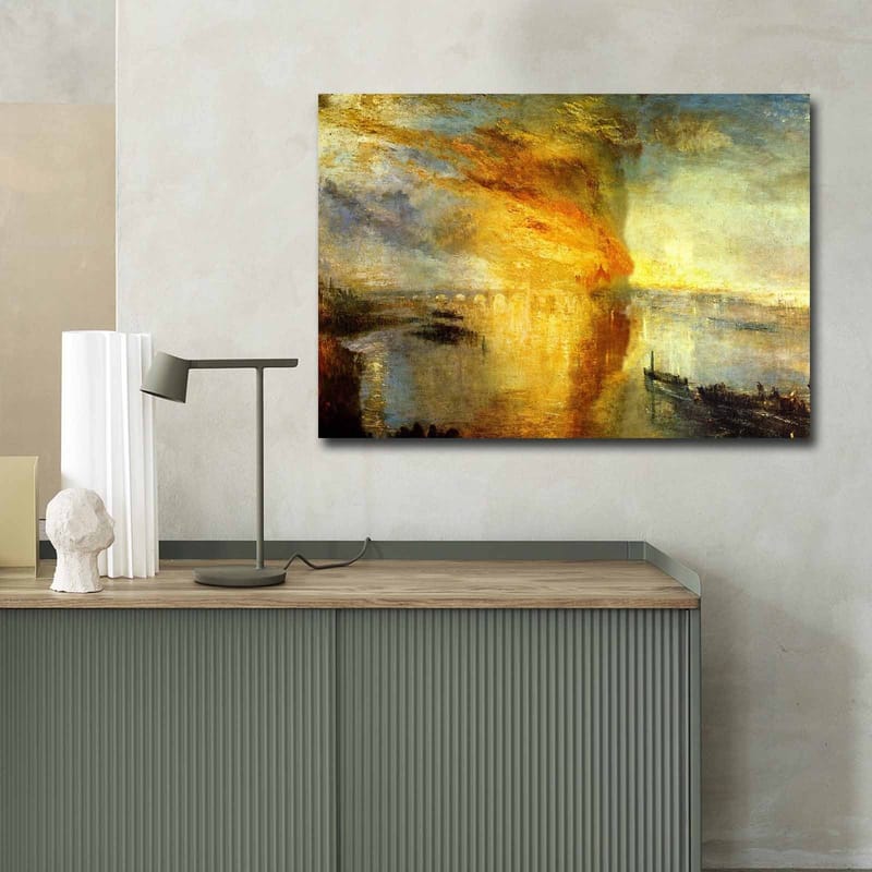 Canvastavla 70x100 cm - Dramatisk solnedgång över en stilla vattenyta med skepp i horisonten - Guld / Orange / Blå - Inredning & dekor - Tavlor & konst - Canvastavla