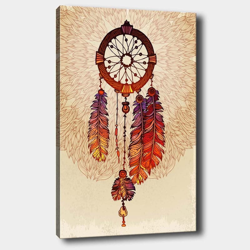 Canvastavla 70x100 cm - Drömfångare med färgglada fjädrar hängande nedåt - Orange / Lila / Brun - Inredning & dekor - Tavlor & konst - Canvastavla