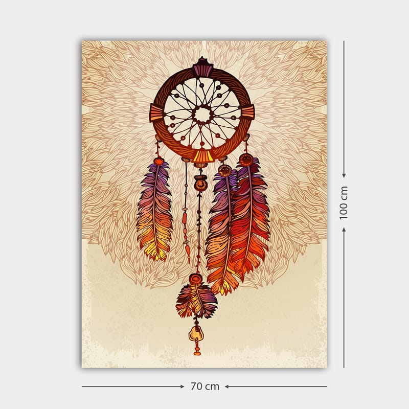 Canvastavla 70x100 cm - Drömfångare med färgglada fjädrar hängande nedåt - Orange / Lila / Brun - Inredning & dekor - Tavlor & konst - Canvastavla