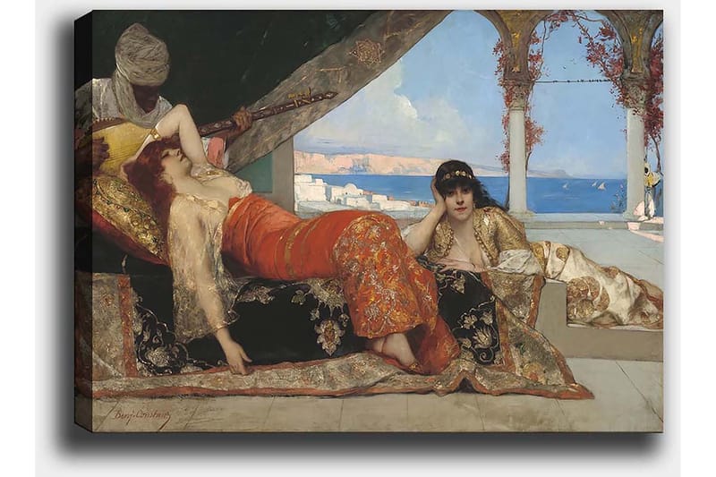 Canvastavla 70x100 cm - Drömlik scen med två kvinnor i orientaliska kläder som vilar i en lyxig miljö, medan en man spelar ett stränginstrument - Röd / Svart / Beige - Inredning & dekor - Tavlor & konst - Canvastavla
