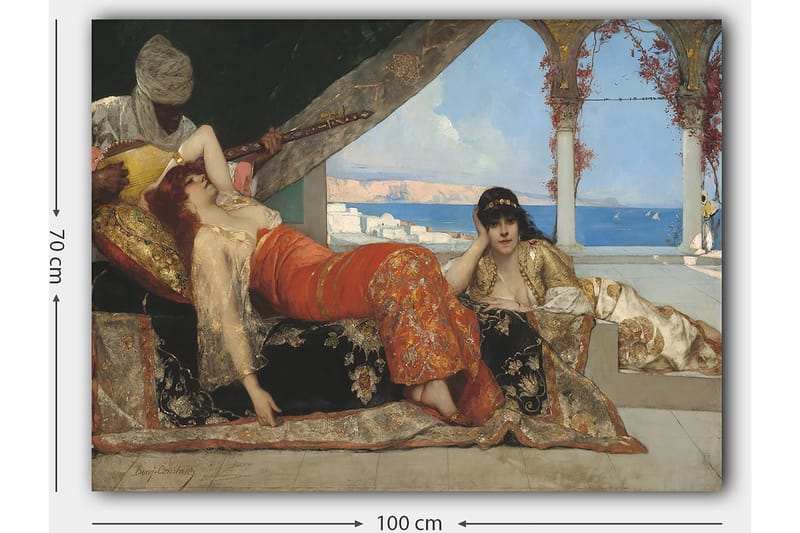 Canvastavla 70x100 cm - Drömlik scen med två kvinnor i orientaliska kläder som vilar i en lyxig miljö, medan en man spelar ett stränginstrument - Röd / Svart / Beige - Inredning & dekor - Tavlor & konst - Canvastavla