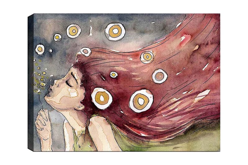 Canvastavla 70x100 cm - Drömmande kvinna med långt, rödaktigt hår som blåser i vinden, omgiven av vita och gula cirklar - Röd / Vit / Gul - Inredning & dekor - Tavlor & konst - Canvastavla