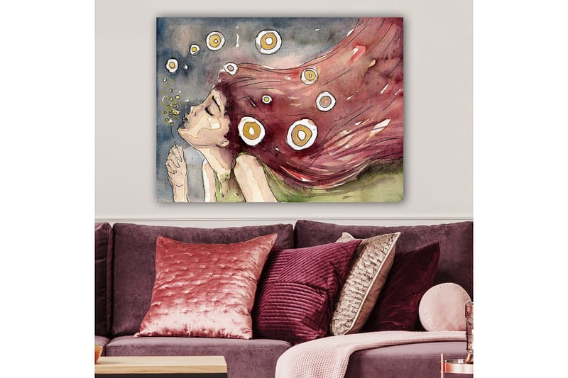 Canvastavla 70x100 cm - Drömmande kvinna med långt, rödaktigt hår som blåser i vinden, omgiven av vita och gula cirklar - Röd / Vit / Gul - Inredning & dekor - Tavlor & konst - Canvastavla