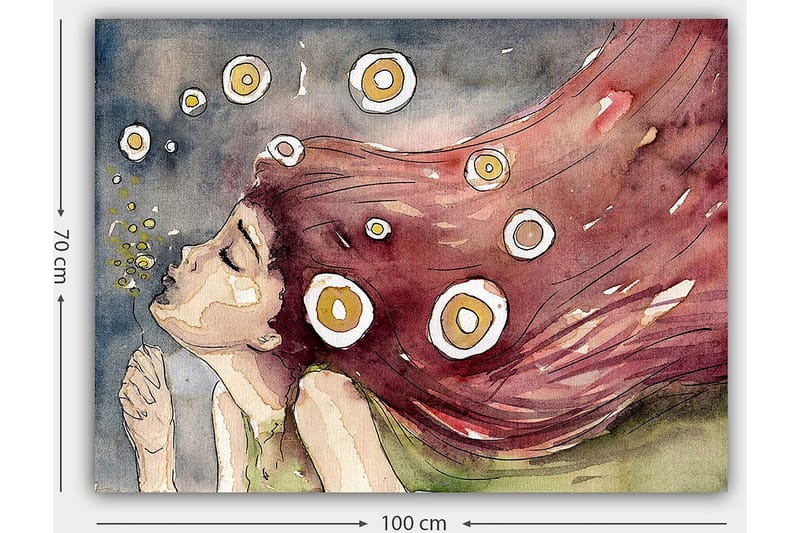 Canvastavla 70x100 cm - Drömmande kvinna med långt, rödaktigt hår som blåser i vinden, omgiven av vita och gula cirklar - Röd / Vit / Gul - Inredning & dekor - Tavlor & konst - Canvastavla