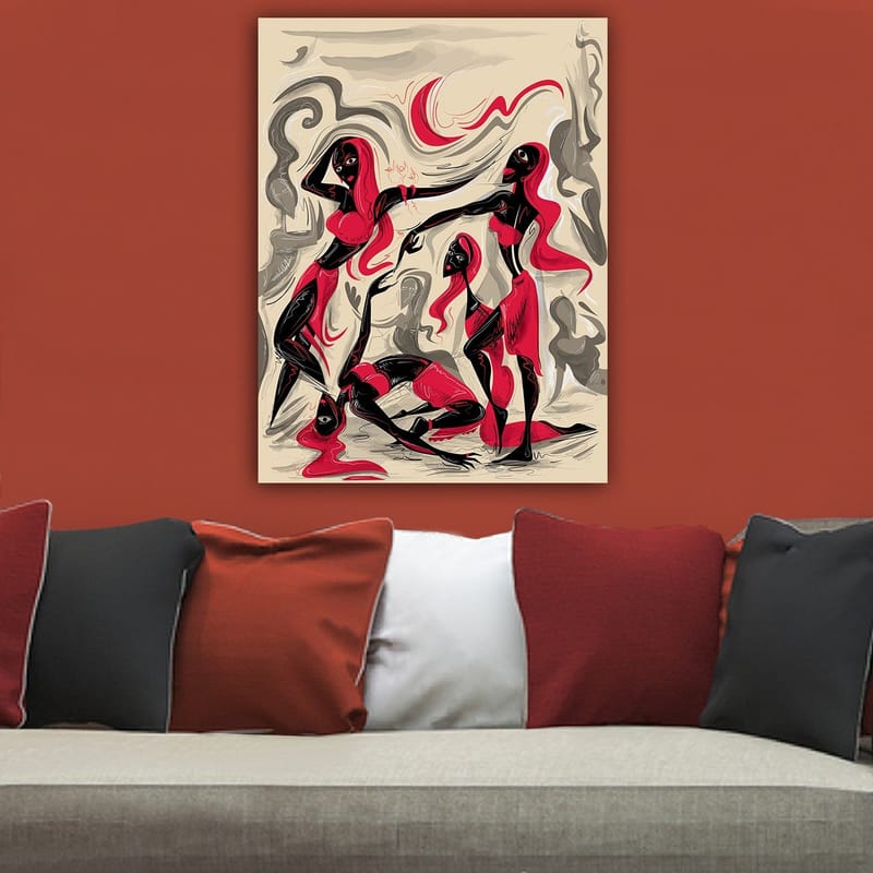 Canvastavla 70x100 cm - Dynamisk grupp av kvinnor i rörelse, uttryckande känslor och samhörighet - Röd / Svart / Beige - Inredning & dekor - Tavlor & konst - Canvastavla