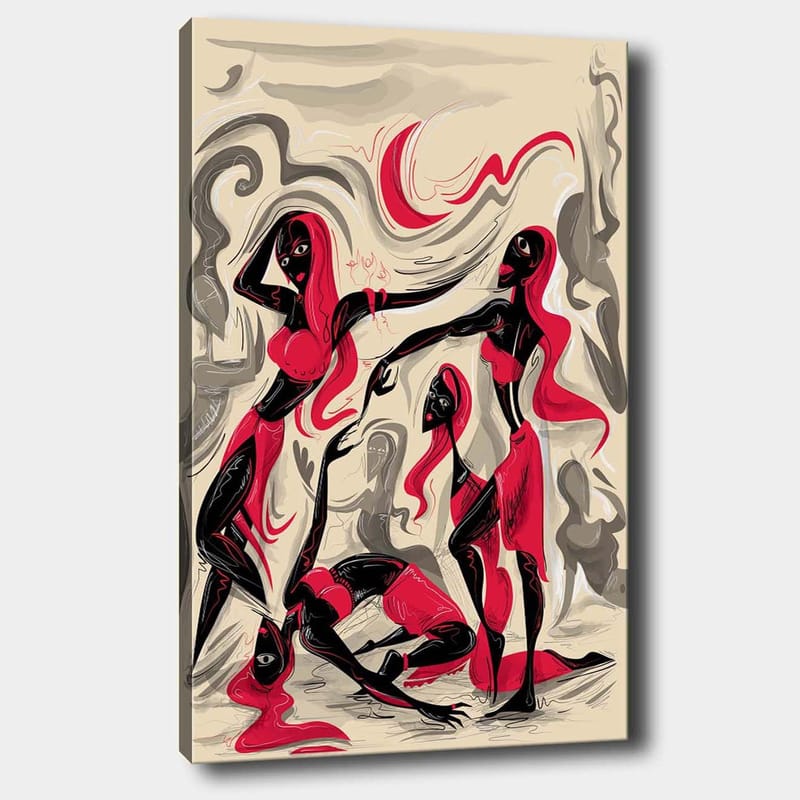 Canvastavla 70x100 cm - Dynamisk grupp av kvinnor i rörelse, uttryckande känslor och samhörighet - Röd / Svart / Beige - Inredning & dekor - Tavlor & konst - Canvastavla