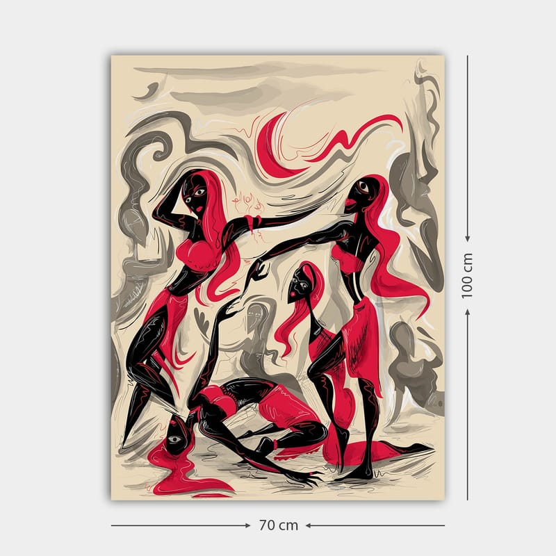 Canvastavla 70x100 cm - Dynamisk grupp av kvinnor i rörelse, uttryckande känslor och samhörighet - Röd / Svart / Beige - Inredning & dekor - Tavlor & konst - Canvastavla