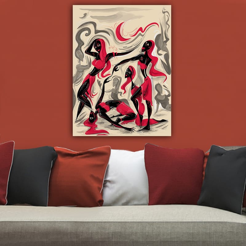 Canvastavla 70x100 cm - Dynamisk grupp av kvinnor i rörelse, uttryckande känslor och samhörighet - Röd / Svart / Beige - Inredning & dekor - Tavlor & konst - Canvastavla
