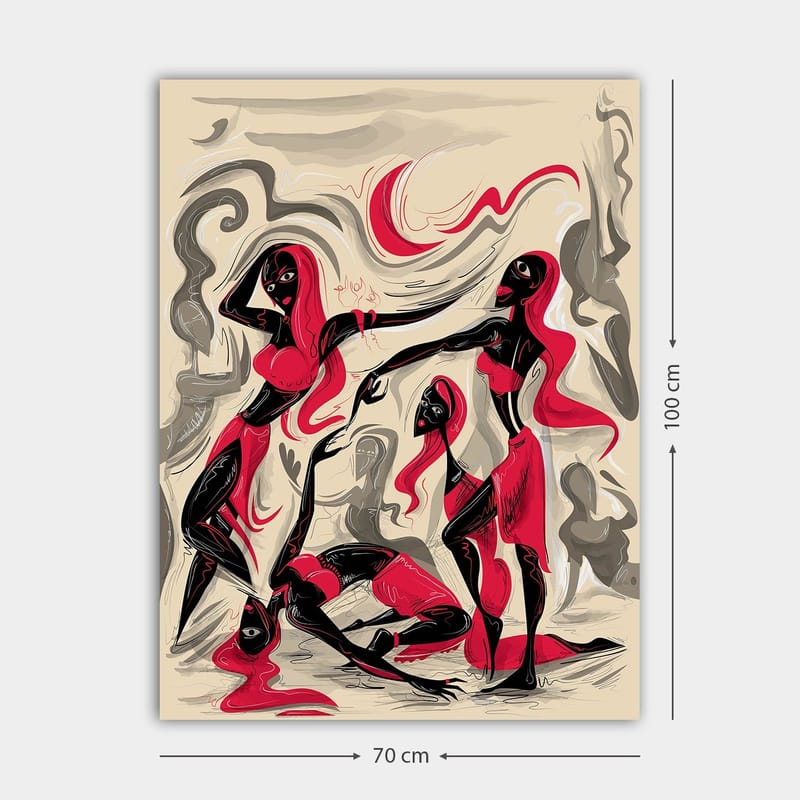 Canvastavla 70x100 cm - Dynamisk grupp av kvinnor i rörelse, uttryckande känslor och samhörighet - Röd / Svart / Beige - Inredning & dekor - Tavlor & konst - Canvastavla