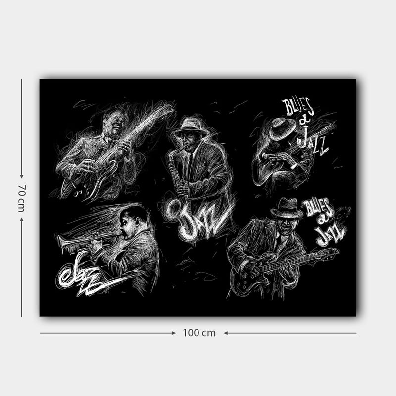 Canvastavla 70x100 cm - Dynamisk skildring av jazzmusiker som spelar olika instrument i en energisk komposition - Svart / Vit - Inredning & dekor - Tavlor & konst - Canvastavla