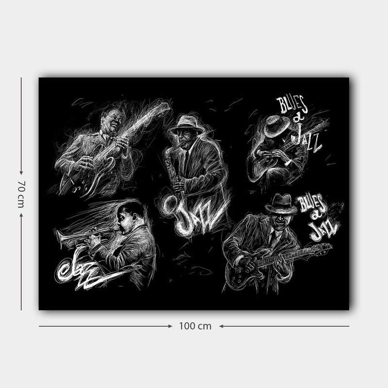 Canvastavla 70x100 cm - Dynamisk skildring av jazzmusiker som spelar olika instrument i en energisk komposition - Svart / Vit - Inredning & dekor - Tavlor & konst - Canvastavla