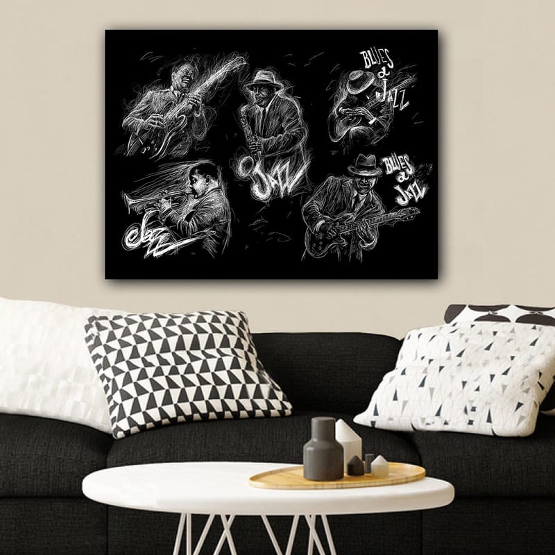 Canvastavla 70x100 cm - Dynamisk skildring av jazzmusiker som spelar olika instrument i en energisk komposition - Svart / Vit - Inredning & dekor - Tavlor & konst - Canvastavla