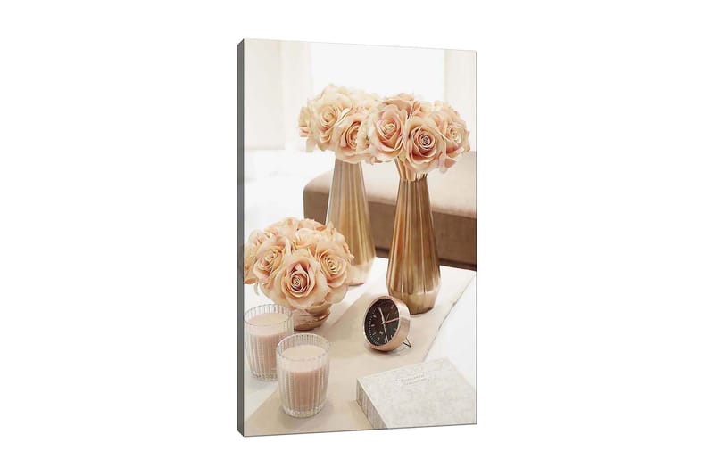 Canvastavla 70x100 cm - Elegant arrangemang av rosor i vaser som skapar en romantisk atmosfär - Ljusrosa / Guld / Beige - Inredning & dekor - Tavlor & konst - Canvastavla