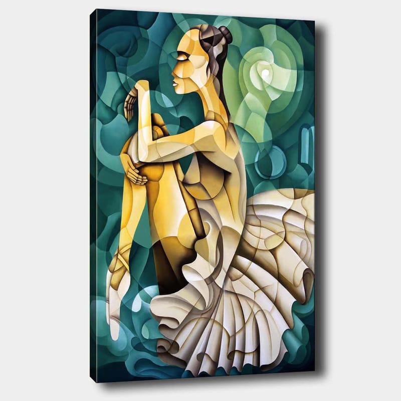 Canvastavla 70x100 cm - Elegant balettdansös i en stiliserad pose med fokus på rörelse och form - Guld / Grön / Vit - Inredning & dekor - Tavlor & konst - Canvastavla