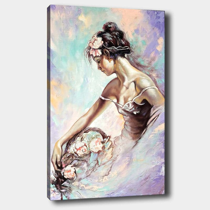 Canvastavla 70x100 cm - Elegant ballerina som plockar blommor med en drömmande och mjuk uttryck - Ljusrosa / Mintgrön / Beige - Inredning & dekor - Tavlor & konst - Canvastavla