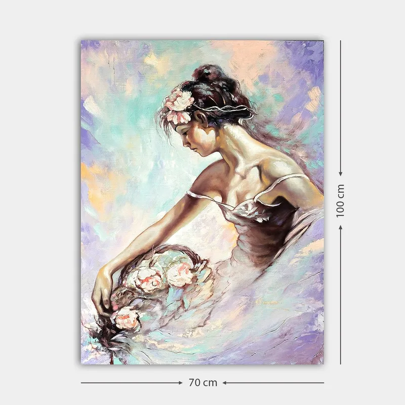 Canvastavla 70x100 cm - Elegant ballerina som plockar blommor med en drömmande och mjuk uttryck - Ljusrosa / Mintgrön / Beige - Inredning & dekor - Tavlor & konst - Canvastavla