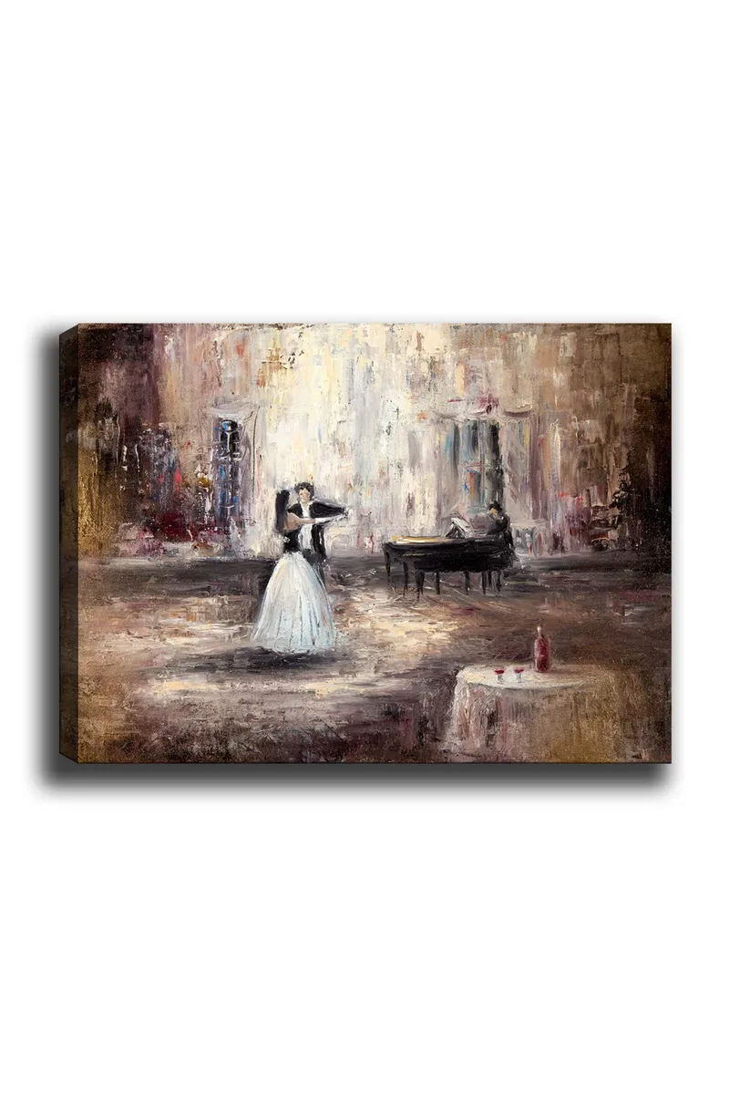 Canvastavla 70x100 cm - Elegant dansande kvinna i vit klänning framför ett piano i en romantisk miljö - Vit / Brun / Grå - Inredning & dekor - Tavlor & konst - Canvastavla