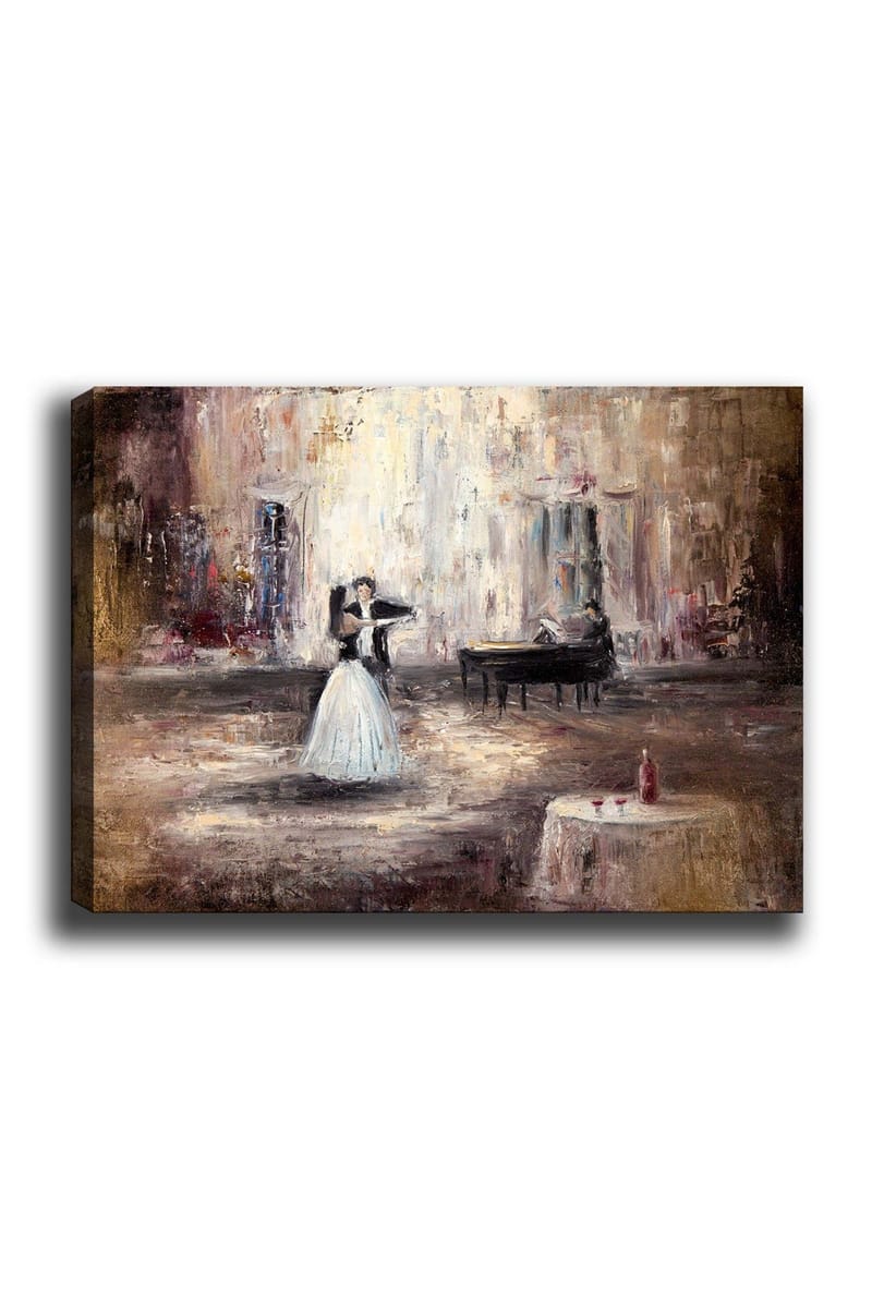 Canvastavla 70x100 cm - Elegant dansande kvinna i vit klänning framför ett piano i en romantisk miljö - Vit / Brun / Grå - Inredning & dekor - Tavlor & konst - Canvastavla
