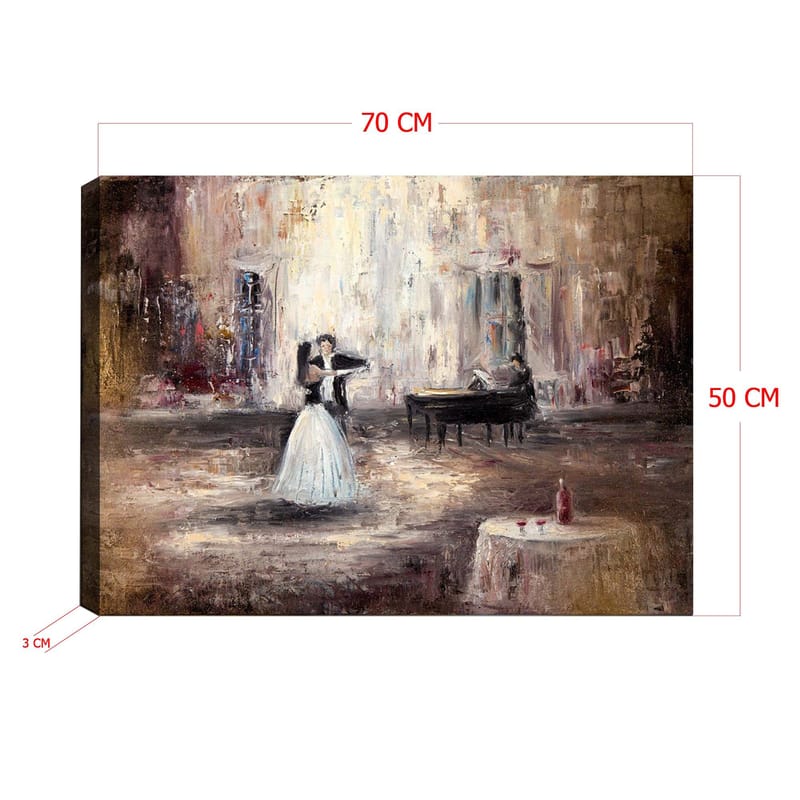 Canvastavla 70x100 cm - Elegant dansande kvinna i vit klänning framför ett piano i en romantisk miljö - Vit / Brun / Grå - Inredning & dekor - Tavlor & konst - Canvastavla