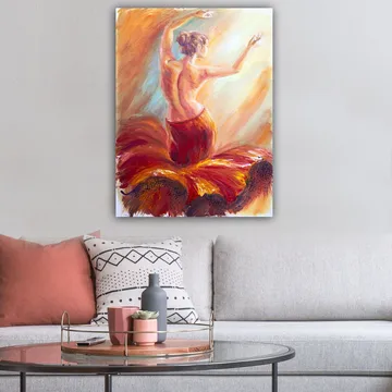 Canvastavla 70x100 cm - Elegant dansös i en röd klänning som fångar rörelsen och känslan av dans - Röd / Orange / Beige - Inredning & dekor - Tavlor & konst - Canvastavla