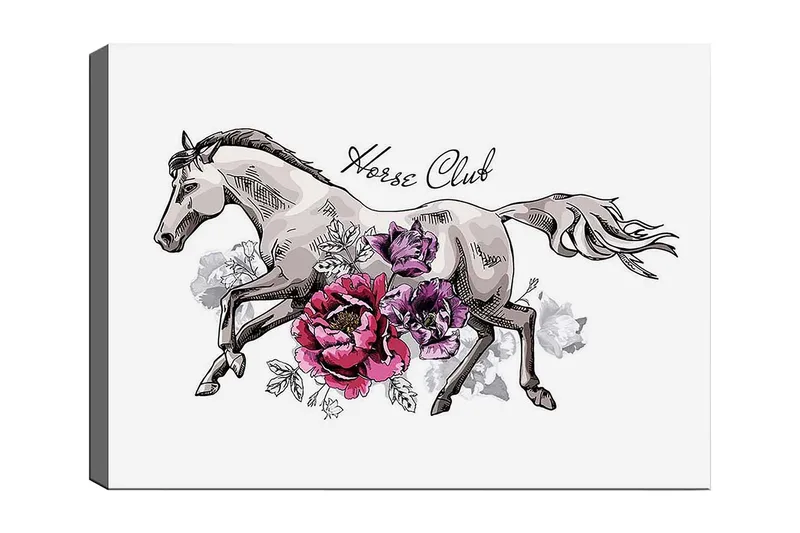 Canvastavla 70x100 cm - Elegant häst som springer fram omgiven av färgglada blommor, Grå / Rosa / Lila