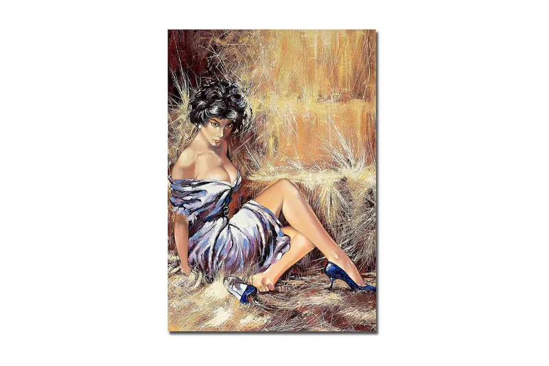 Canvastavla 70x100 cm - Elegant kvinna i en vit klänning med blå skor sitter avslappnat mot en halmbal, Vit / Blå / Beige