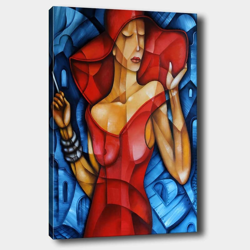 Canvastavla 70x100 cm - Elegant kvinna i röd klänning med en stor hatt, som håller en parasoll i en stiliserad miljö, Röd / Blå / Beige