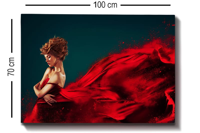 Canvastavla 70x100 cm - Elegant kvinna i röd klänning som svävar med en dramatisk rörelse - Röd / Mörkblå - Inredning & dekor - Tavlor & konst - Canvastavla