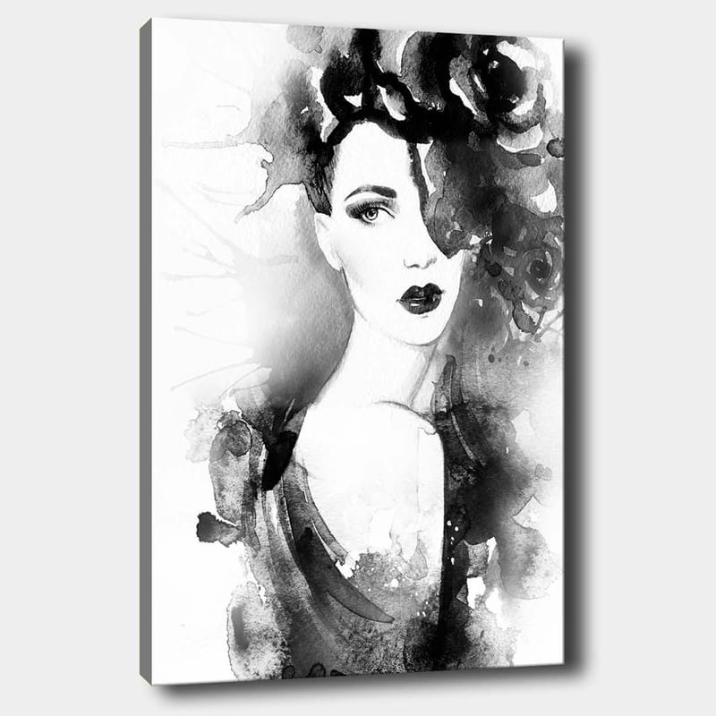Canvastavla 70x100 cm - Elegant kvinna med mörkt hår och dramatiskt smink, omgiven av svarta blommor, Svart / Grå / Vit