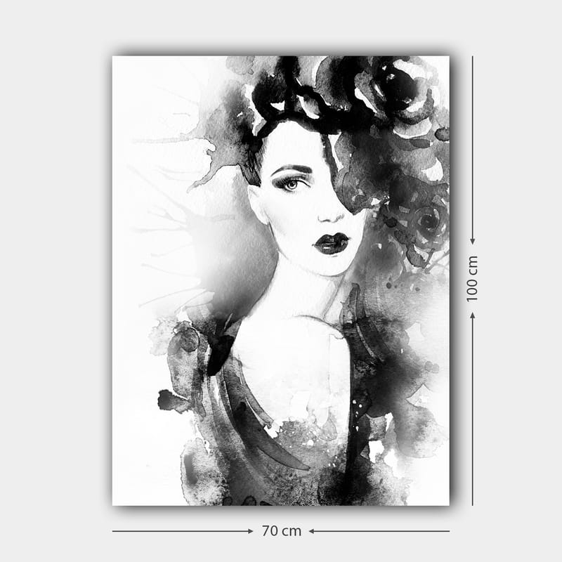 Canvastavla 70x100 cm - Elegant kvinna med mörkt hår och dramatiskt smink, omgiven av svarta blommor - Svart / Grå / Vit - Inredning & dekor - Tavlor & konst - Canvastavla