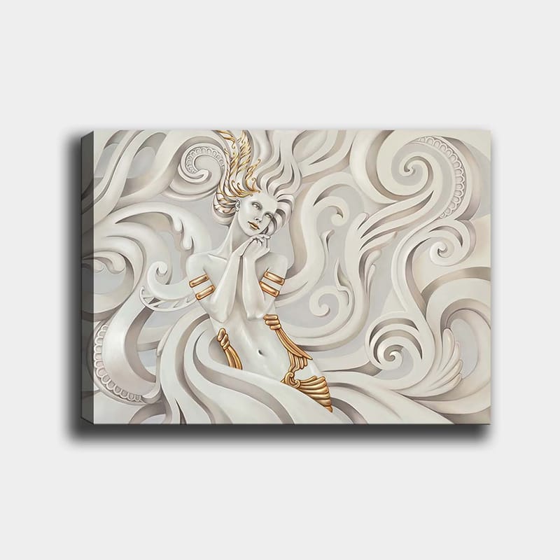 Canvastavla 70x100 cm - Elegant kvinna med svävande hår omgiven av dekorativa svängningar och mönster - Vit / Guld / Grå - Inredning & dekor - Tavlor & konst - Canvastavla
