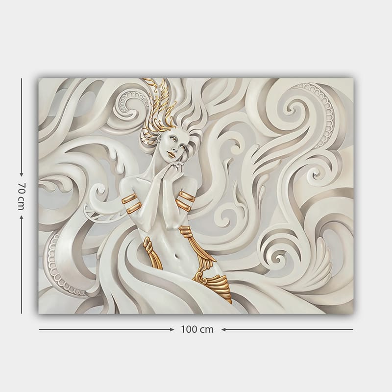 Canvastavla 70x100 cm - Elegant kvinna med svävande hår omgiven av dekorativa svängningar och mönster - Vit / Guld / Grå - Inredning & dekor - Tavlor & konst - Canvastavla