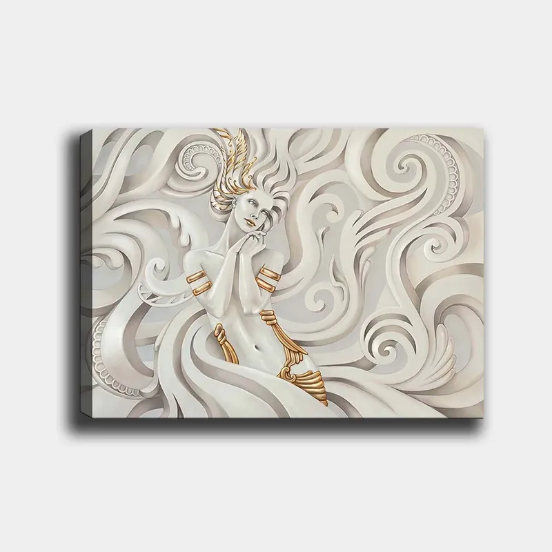 Canvastavla 70x100 cm - Elegant kvinna med svävande hår omgiven av dekorativa svängningar och mönster, Vit / Guld / Grå