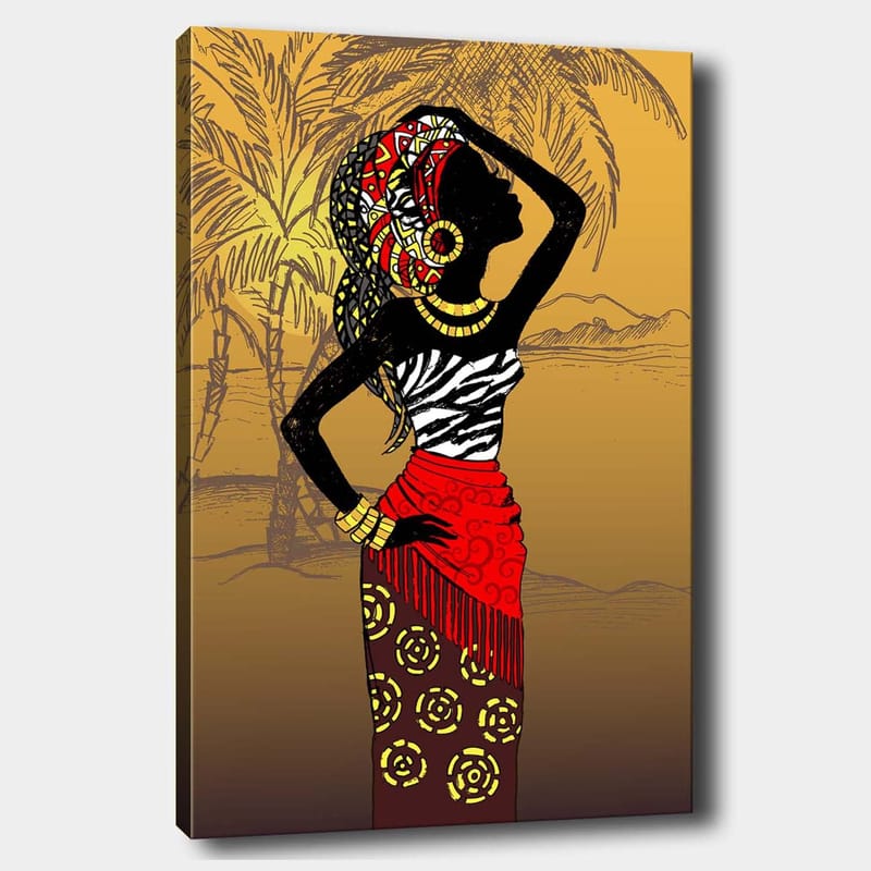 Canvastavla 70x100 cm - Elegant kvinna med traditionella kläder och smycken, som poserar mot en exotisk bakgrund - Svart / Röd / Gul - Inredning & dekor - Tavlor & konst - Canvastavla
