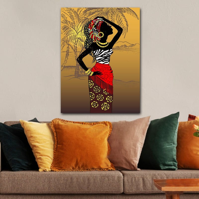 Canvastavla 70x100 cm - Elegant kvinna med traditionella kläder och smycken, som poserar mot en exotisk bakgrund - Svart / Röd / Gul - Inredning & dekor - Tavlor & konst - Canvastavla