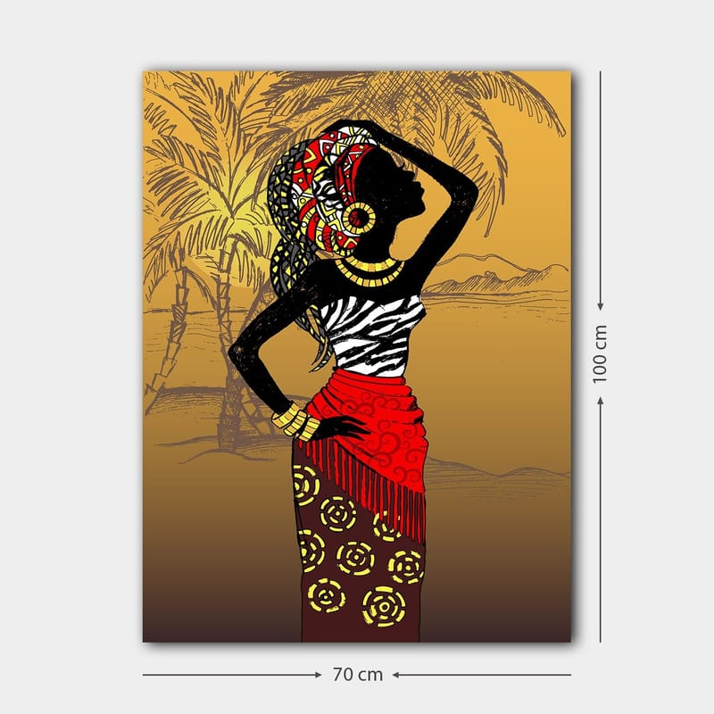 Canvastavla 70x100 cm - Elegant kvinna med traditionella kläder och smycken, som poserar mot en exotisk bakgrund - Svart / Röd / Gul - Inredning & dekor - Tavlor & konst - Canvastavla