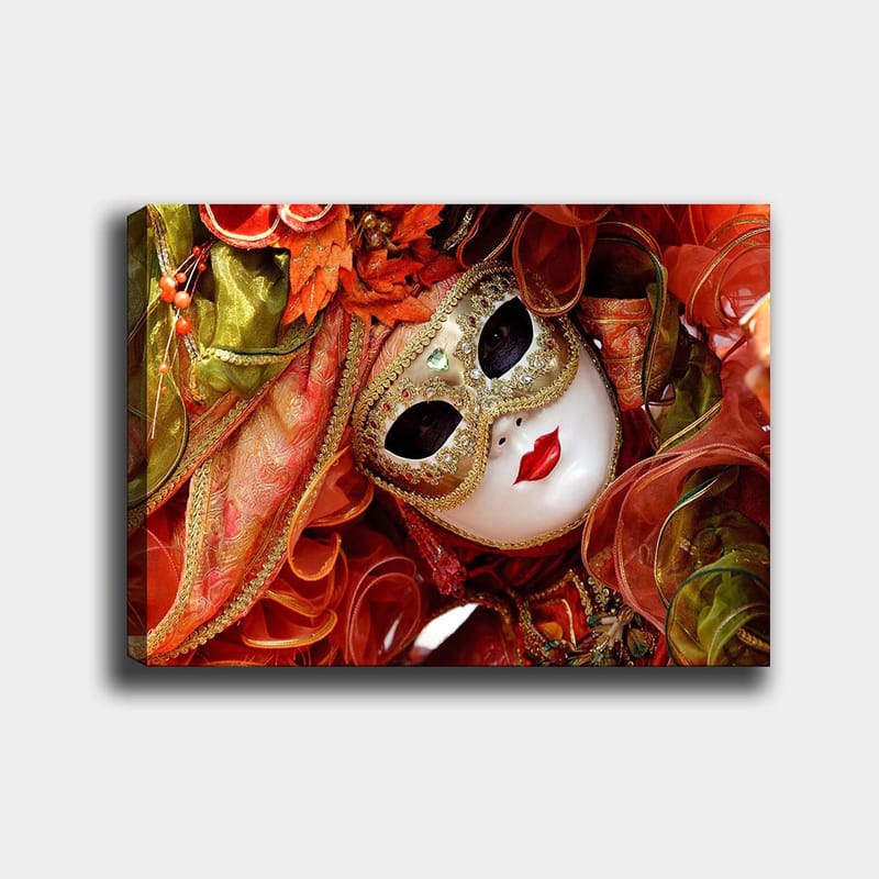 Canvastavla 70x100 cm - Elegant maskeradfigur med en utsmyckad mask och färgglad dräkt - Röd / Orange / Grön - Inredning & dekor - Tavlor & konst - Canvastavla