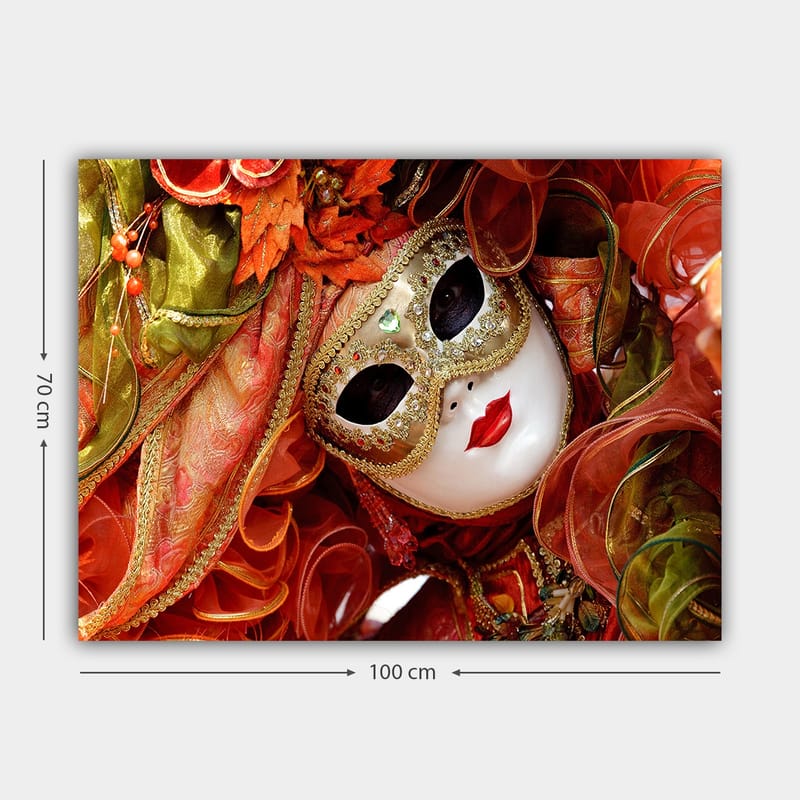 Canvastavla 70x100 cm - Elegant maskeradfigur med en utsmyckad mask och färgglad dräkt - Röd / Orange / Grön - Inredning & dekor - Tavlor & konst - Canvastavla
